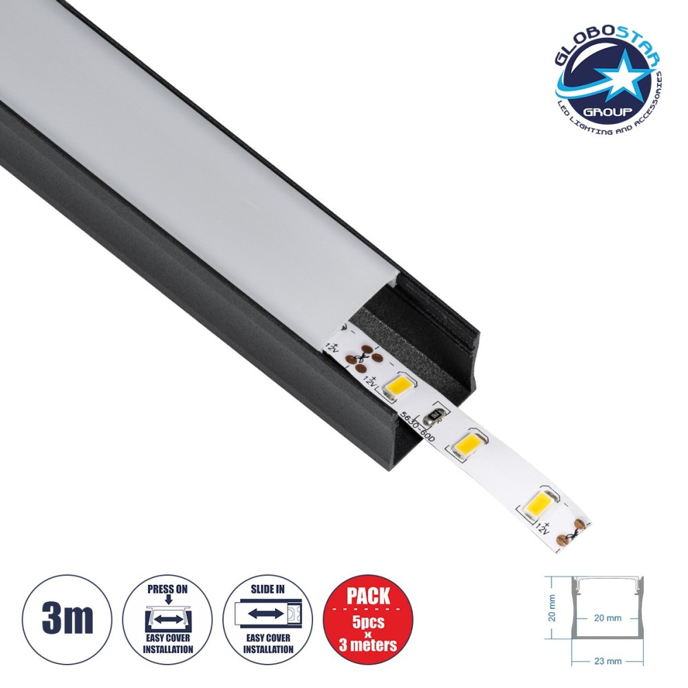 GLOBOSTAR® ALP-LINEAR LIGHTLINE 70869-3M Επιφανειακό Προφίλ Αλουμινίου με Λευκό Γαλακτερό Πατητό Κάλυμμα για Ταινίες LED IP20 - Μαύρο & Λευκό - Μ300 x Π2.3 x Υ2cm - Πακέτο 5 Τεμαχίων